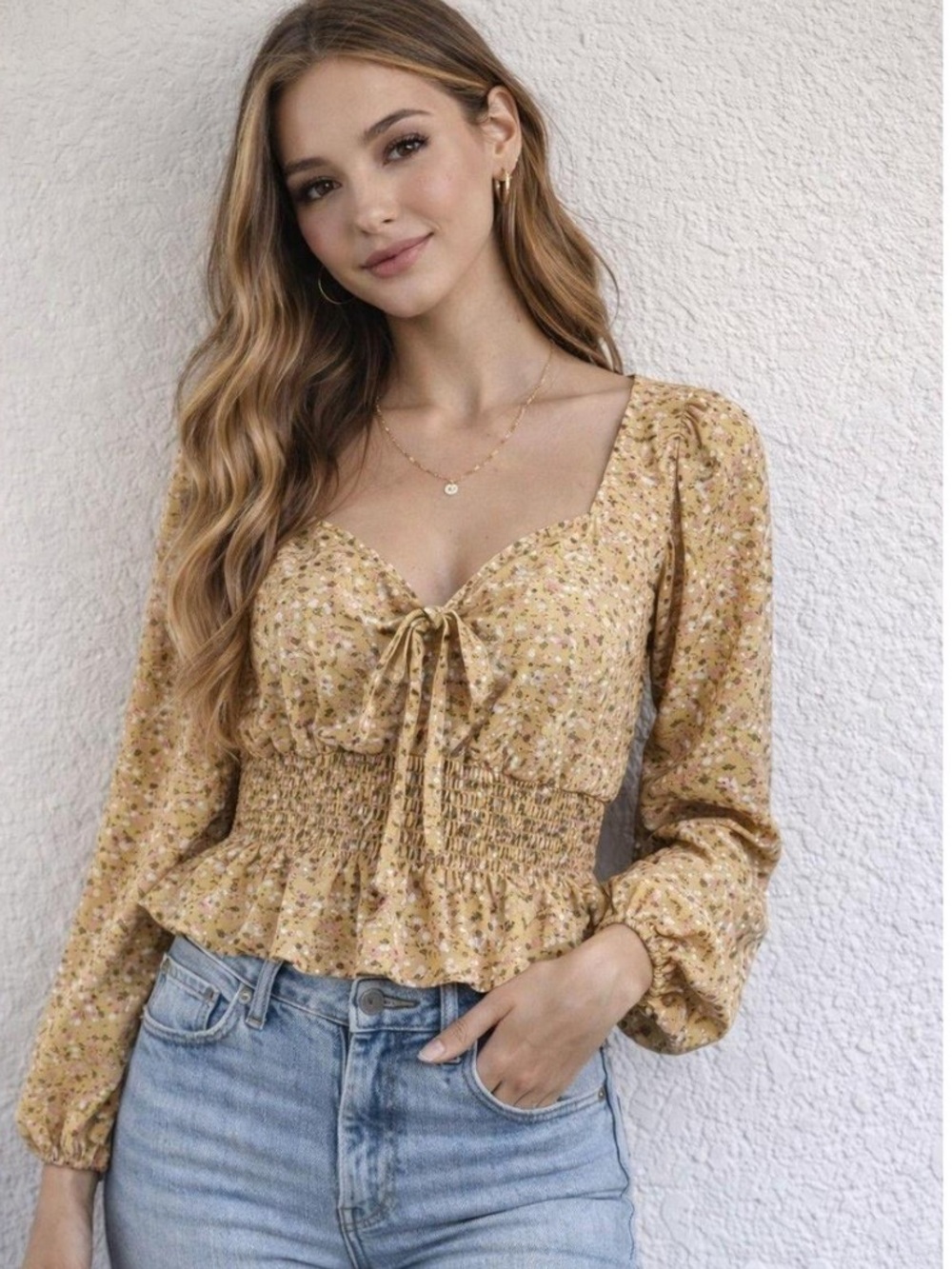 Floral Smocked Yellow Tie-Front Blouse